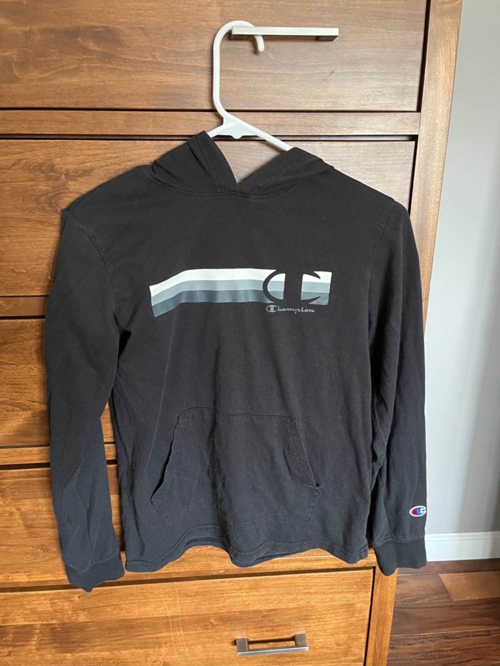 Champion Black T-Shirt Hoodie with Gray and White Striped Logo